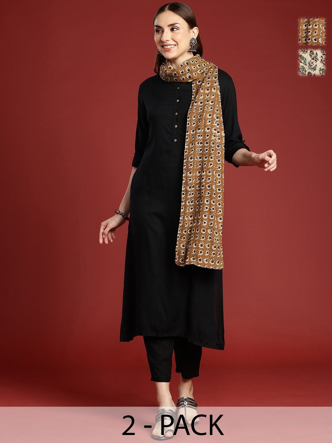 

Anouk Pack Of 2 Brown & Beige Ethnic Motifs Printed Cotton Scarves