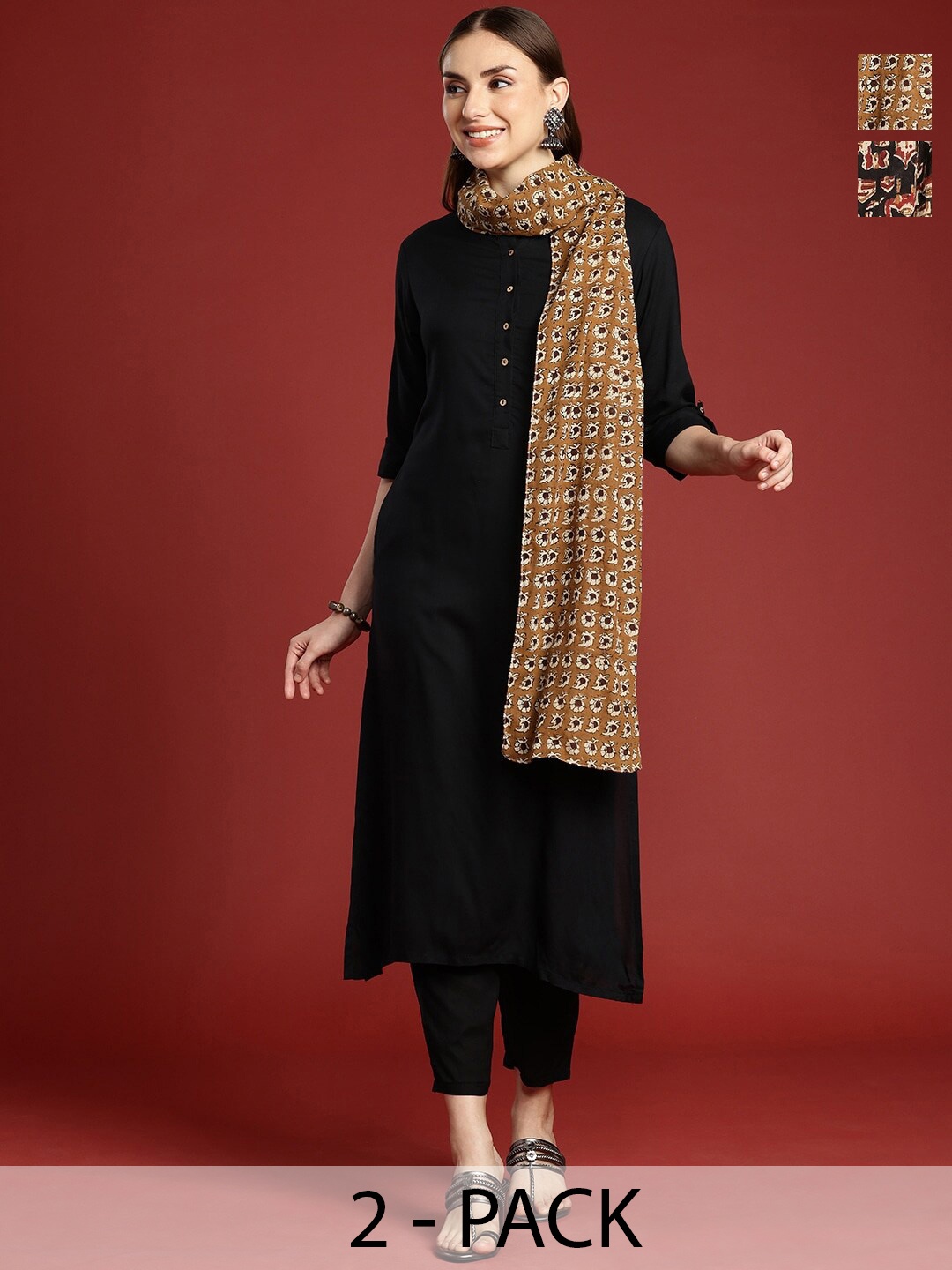 

Anouk Pack of 2 Hand Printed Cotton Scarves, Black