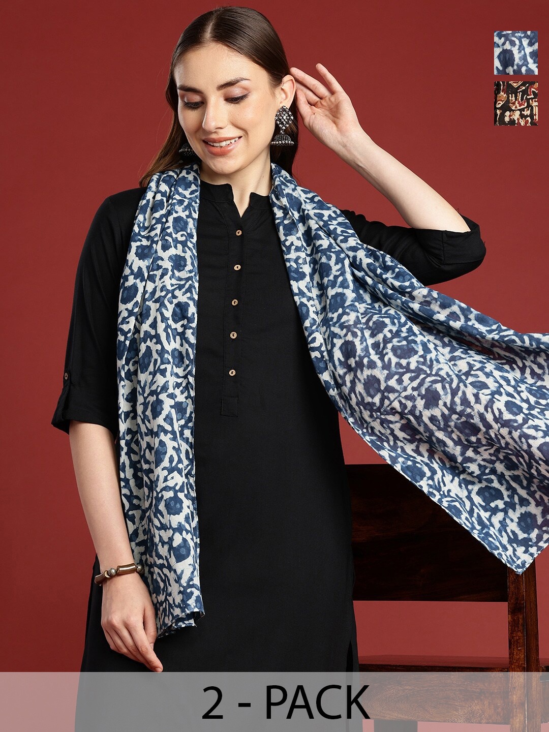 

Anouk Pack Of 2 Printed Cotton Scarf, Blue