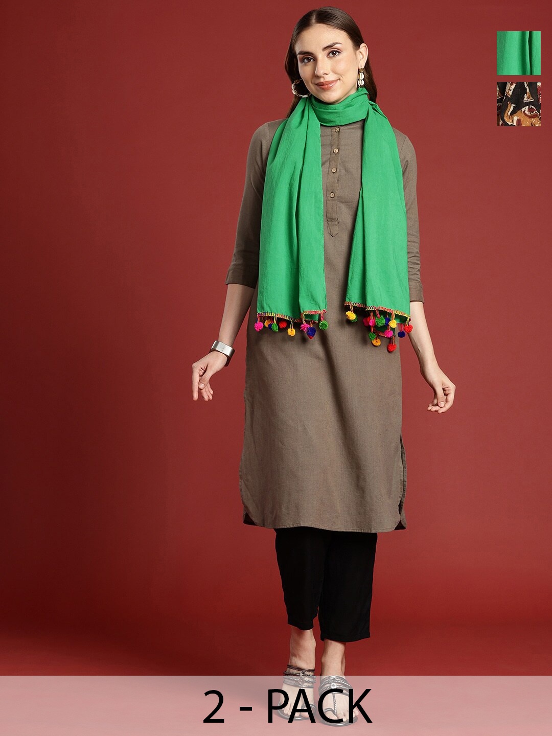 

Anouk Pack Of 2 Printed Cotton Scarf, Green