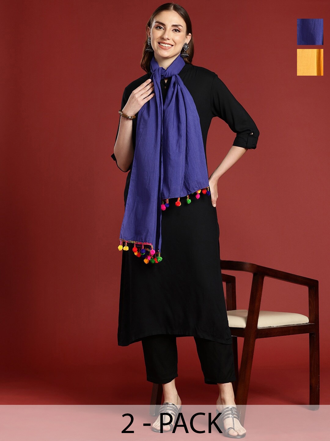 Anouk Pack Of 2 Cotton Scarf, Blue