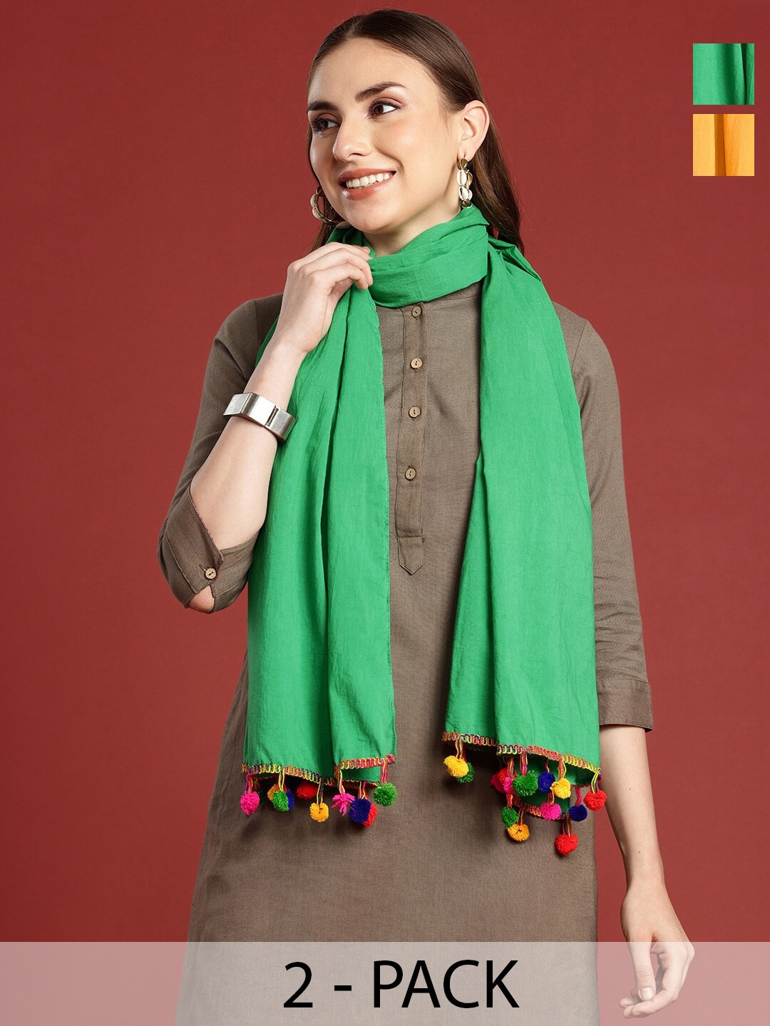 

Anouk Pack Of 2 Cotton Scarf, Green