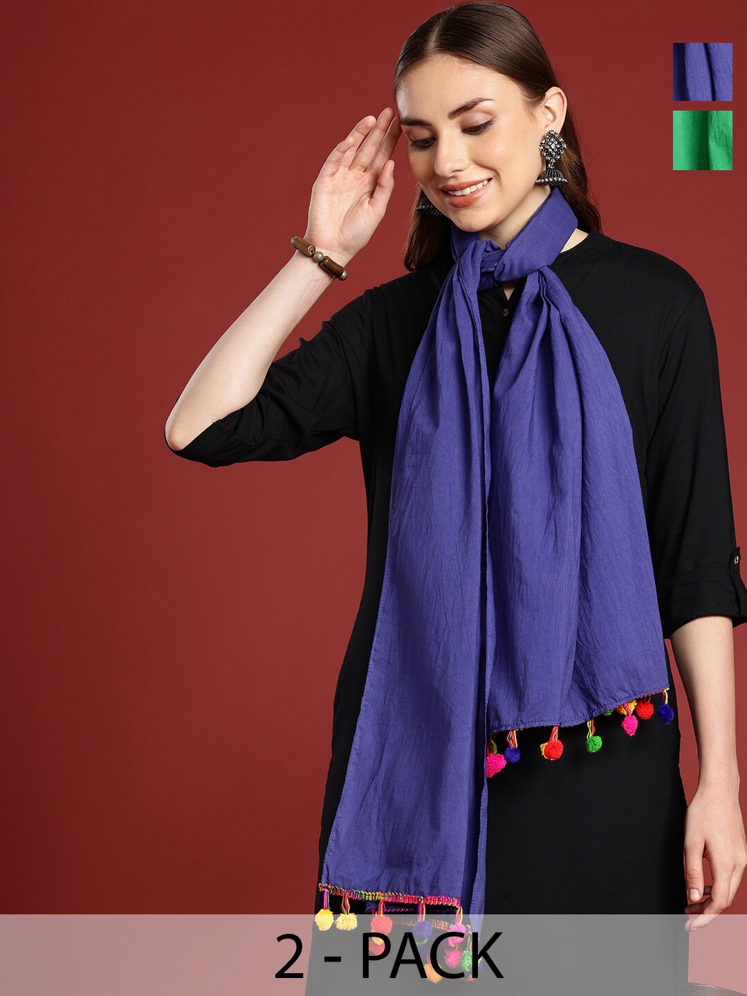 Anouk Pack Of 2 Tasselled Cotton Scarfs, Green