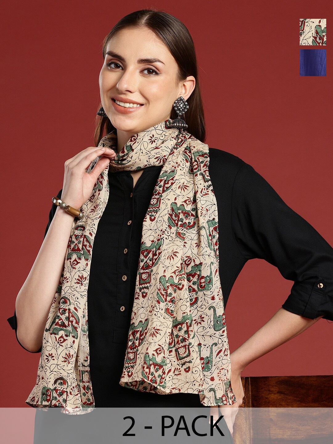 

Anouk Pack Of 2 Printed Cotton Scarf, Blue