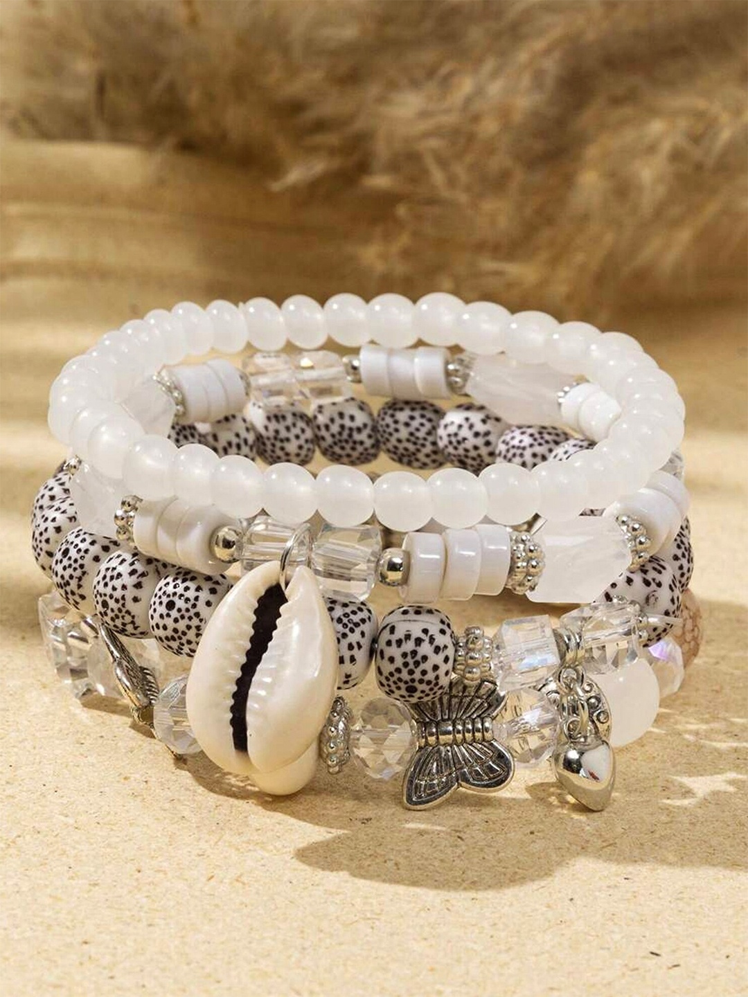 

LUCKY JEWELLERY Set Of 4 Silver-Plated Elasticated Bracelet