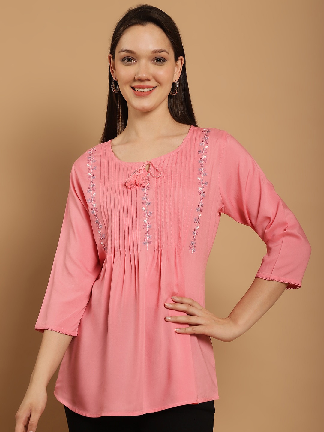 

GRACIT Floral Embroidered Tie-Up Neck Cotton Regular Top, Peach