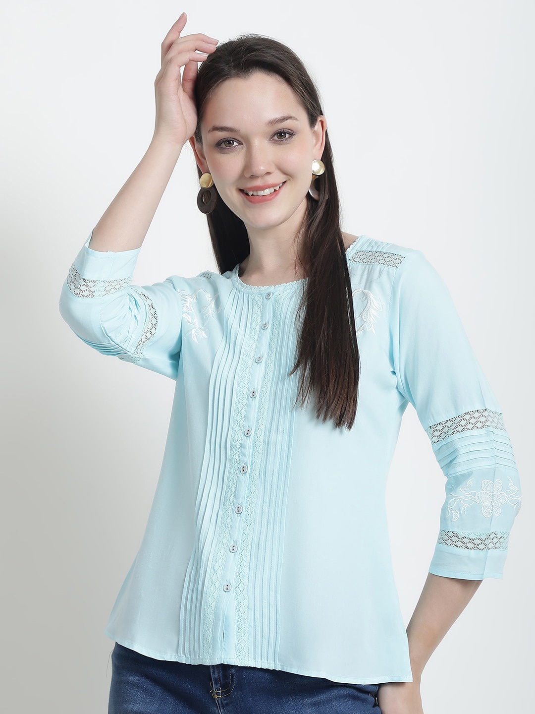 

GRACIT Striped Net Shirt Style Top, Blue