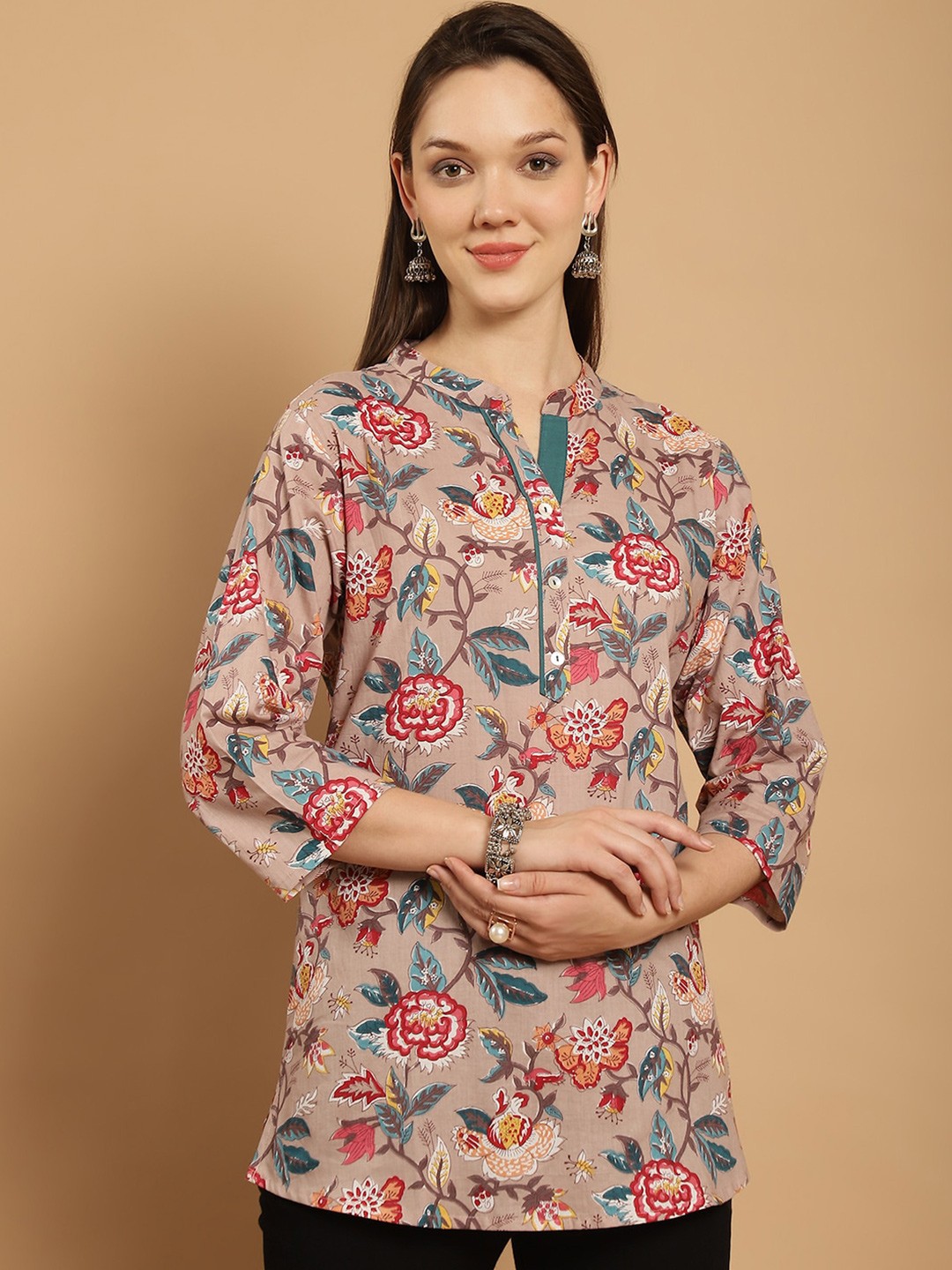 

GRACIT Floral Printed Mandarin Collar Cotton Top, Brown