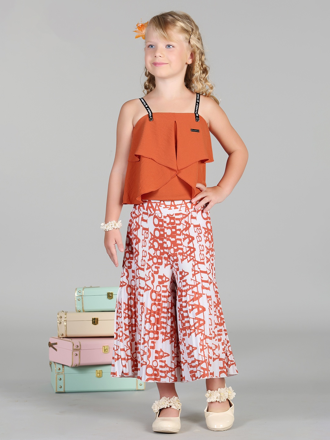 

Hunny Bunny Girls Shoulder Straps Top with Palazzos, Orange