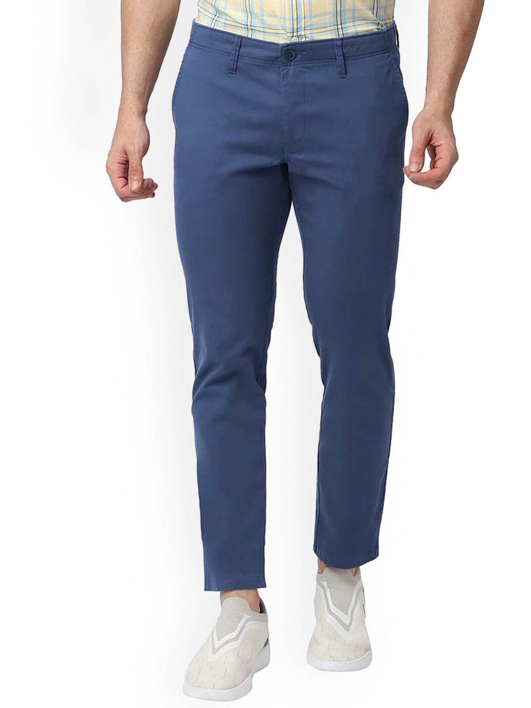 

Basics Ensign Men Tapered Fit Mid-Rise Cotton Stretch Chinos Trousers, Blue