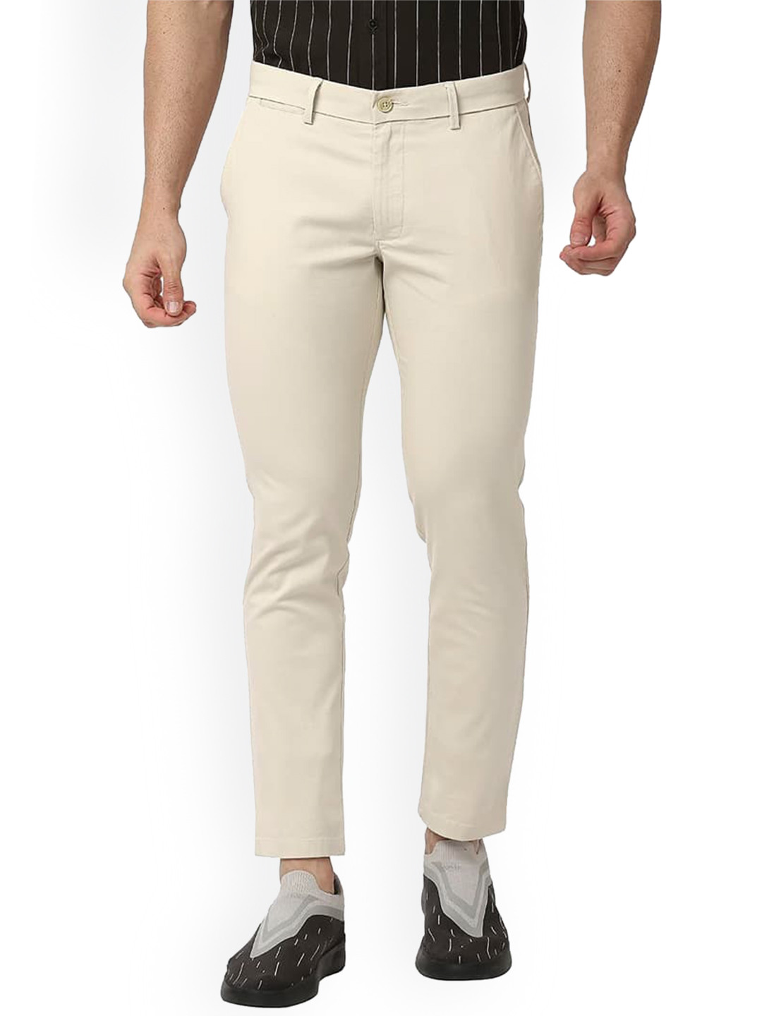 

Basics Men Slim Fit Mid-Rise Cotton Plain Regular Trousers Trousers, Beige