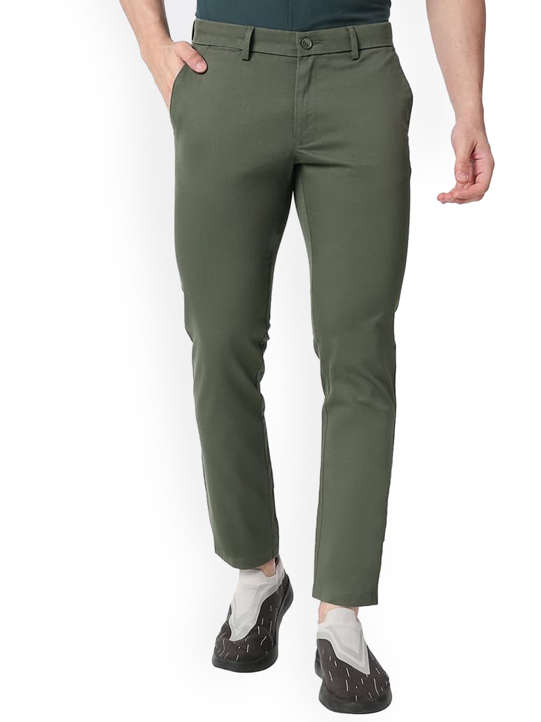 

Basics Men Slim Fit Mid-Rise Cotton Plain Regular Trousers Trousers, Green
