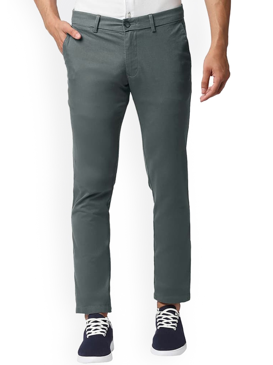 

Basics Men Mid-Rise Zip Flat-Front Cotton Slim Fit Chinos Trouser, Grey