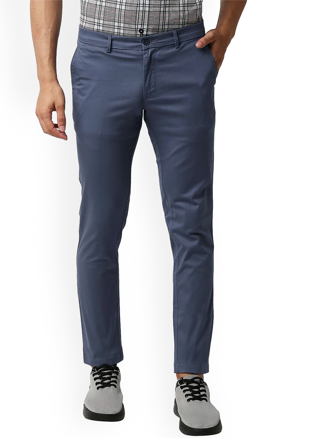 

Basics Men Slim Fit Mid-Rise Cotton Plain Regular Trousers Trousers, Blue