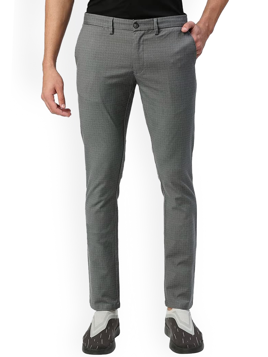 

Basics Men Checked Mid-Rise Plain Slim Fit Cotton Chinos Trousers, Grey