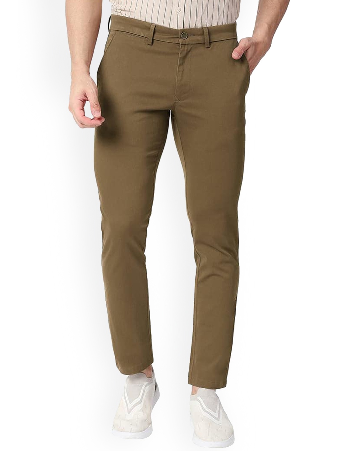 

Basics Men Slim Fit Mid-Rise Cotton Plain Regular Trousers Trousers, Brown