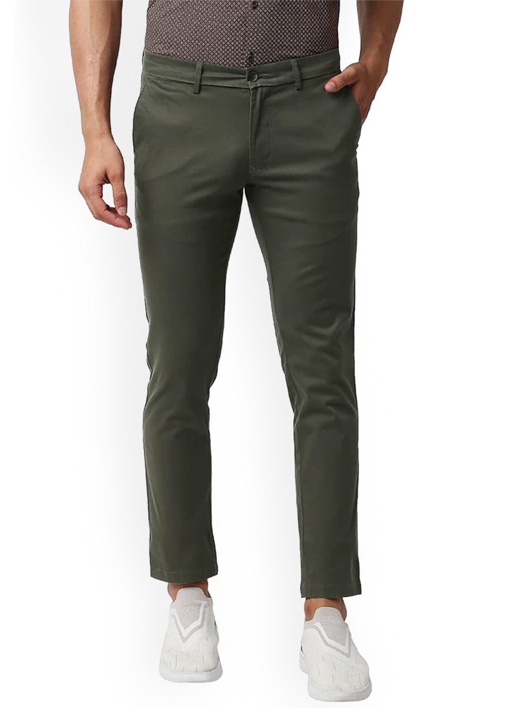 

Basics Olivine Tapered Fit Mid-Rise Cotton Stretch Chinos Trousers, Green