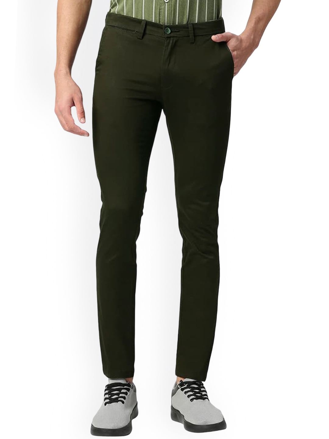 

Basics Men Slim Fit Mid-Rise Cotton Plain Regular Trousers Trousers, Green