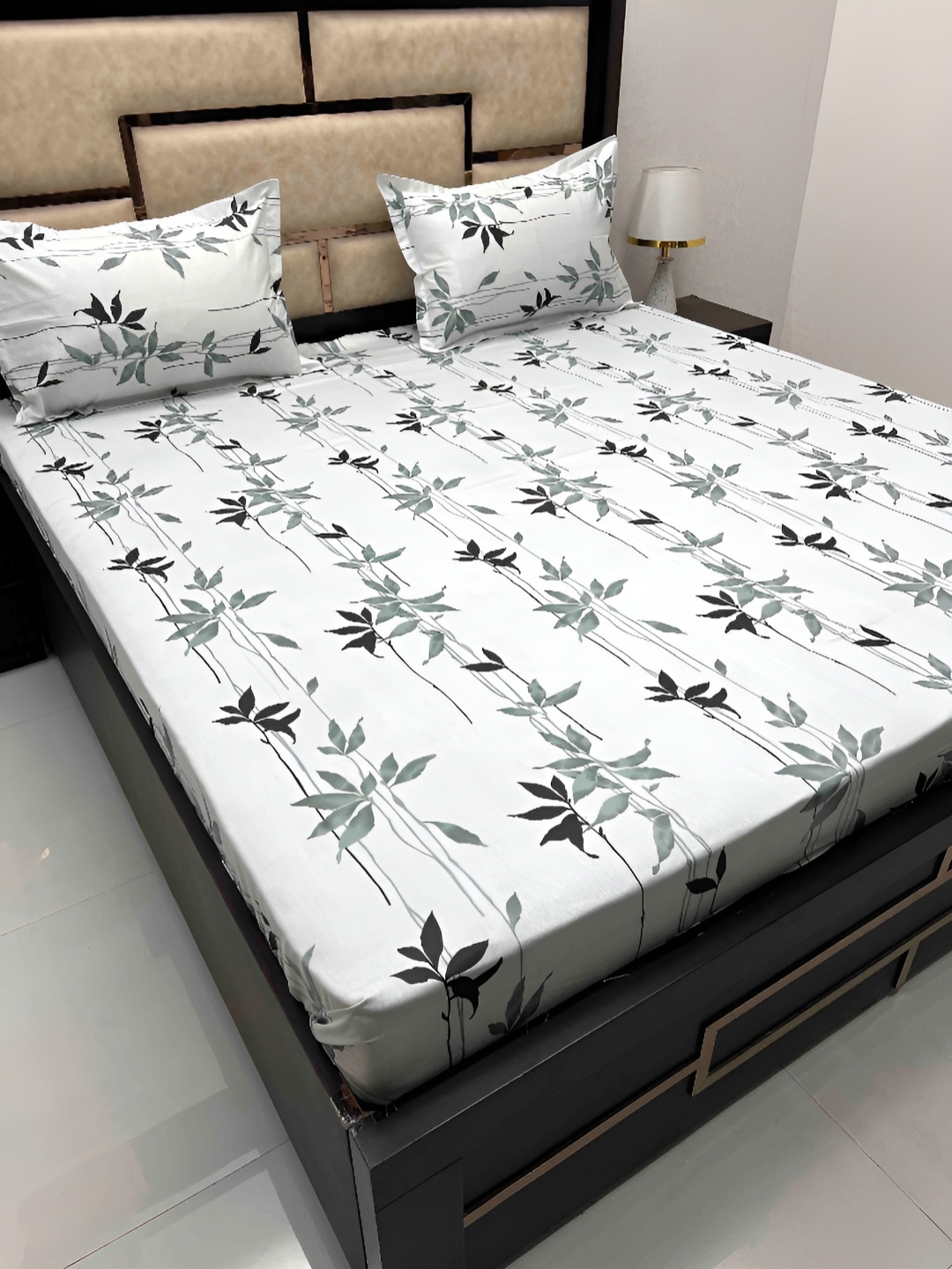 

Pure Decor White & Grey Floral Pure Cotton 400 TC King Bedsheet with 2 Pillow Covers
