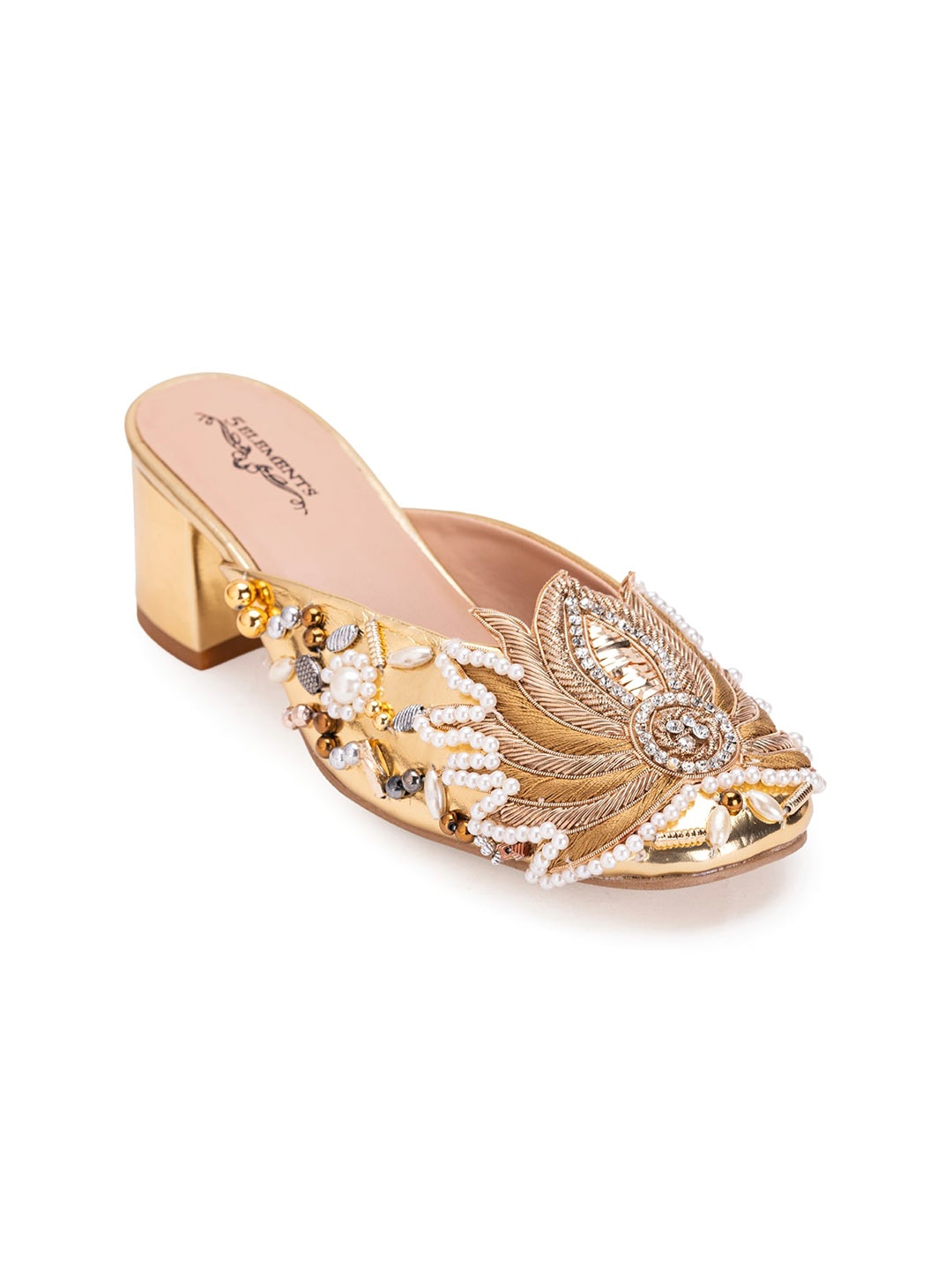 

5 ELEMENTS Embellished Block Heeled Mules, Gold