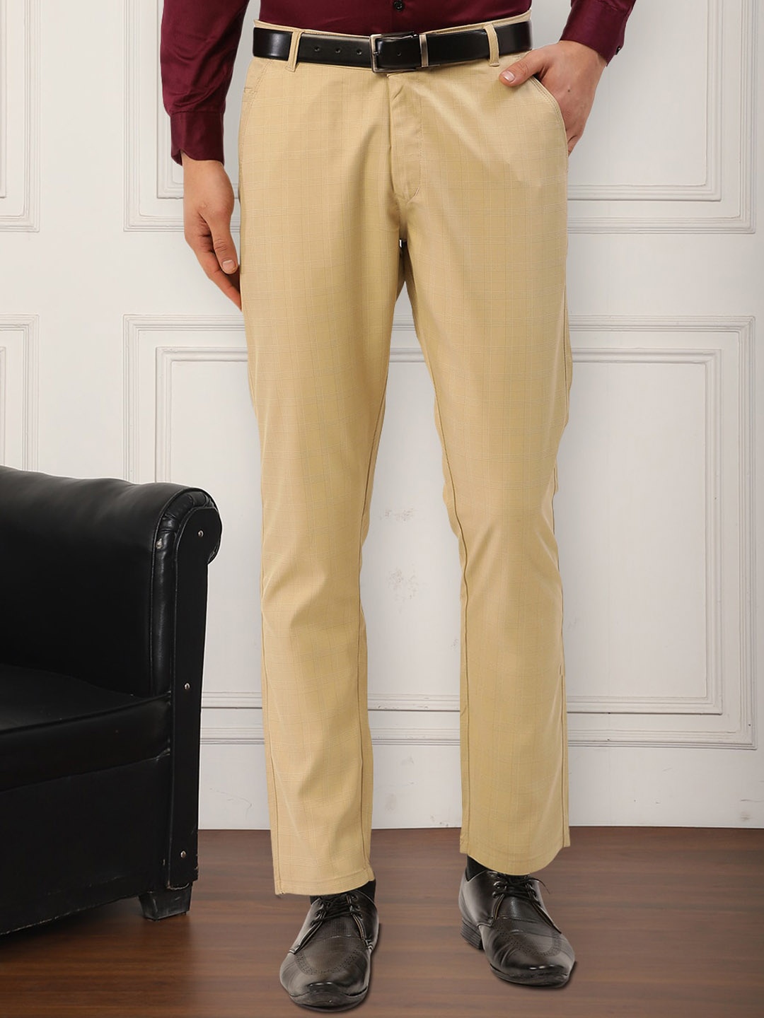 

JAINISH Men Relaxed Tapered Fit Checked Mid-Rise Easy Wash Pure Cotton Formal Trousers, Beige