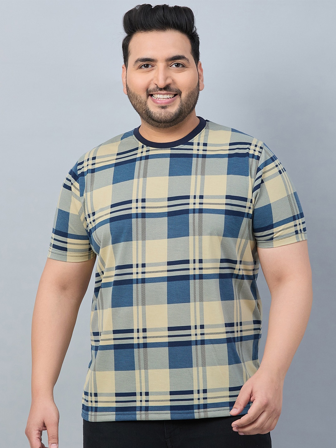 

AUSTIVO Plus Size Checked Round Neck Regular Fit T-shirt, Beige