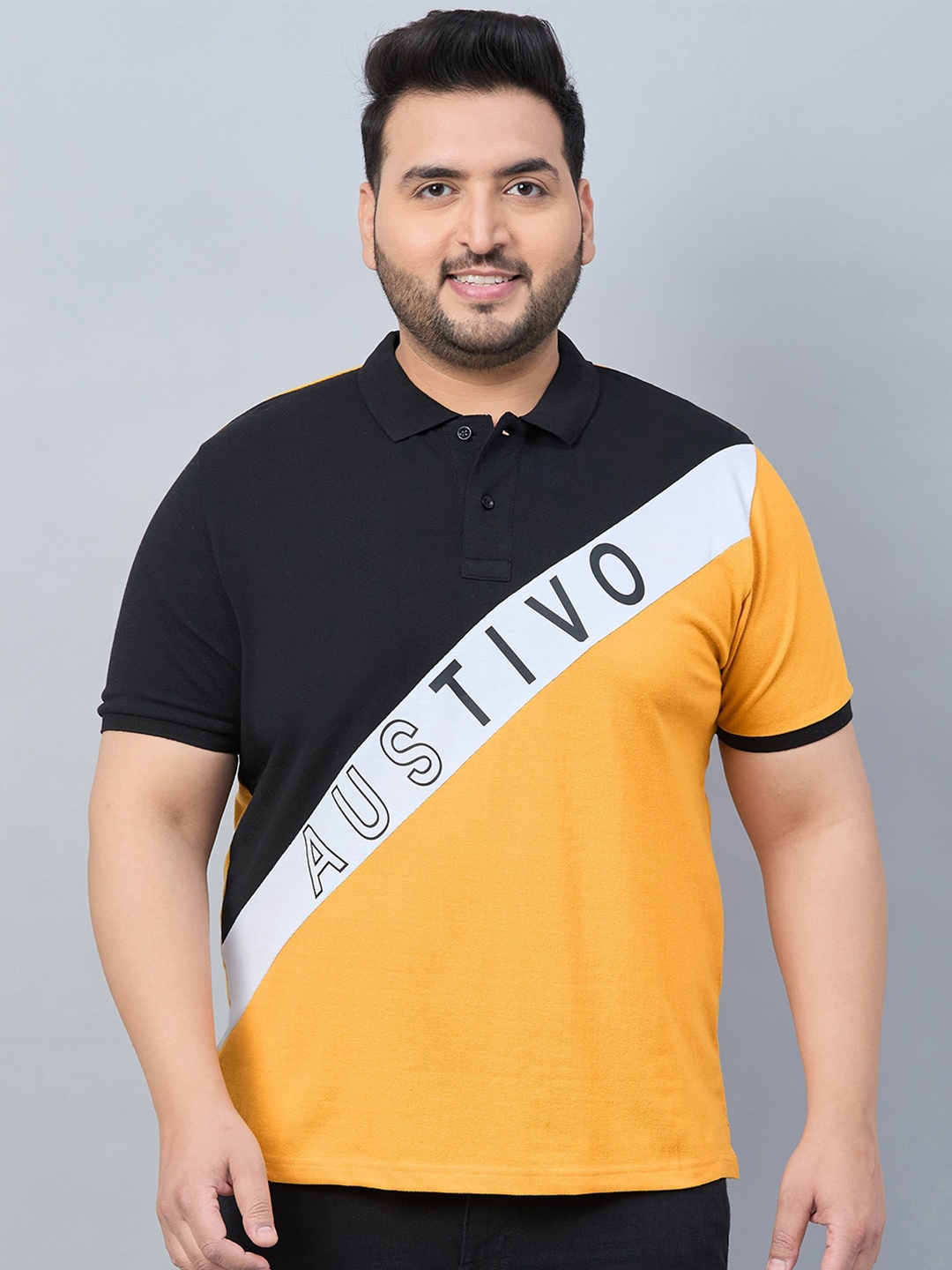 

AUSTIVO Plus Size Colourblocked Polo Collar T-shirt, Black