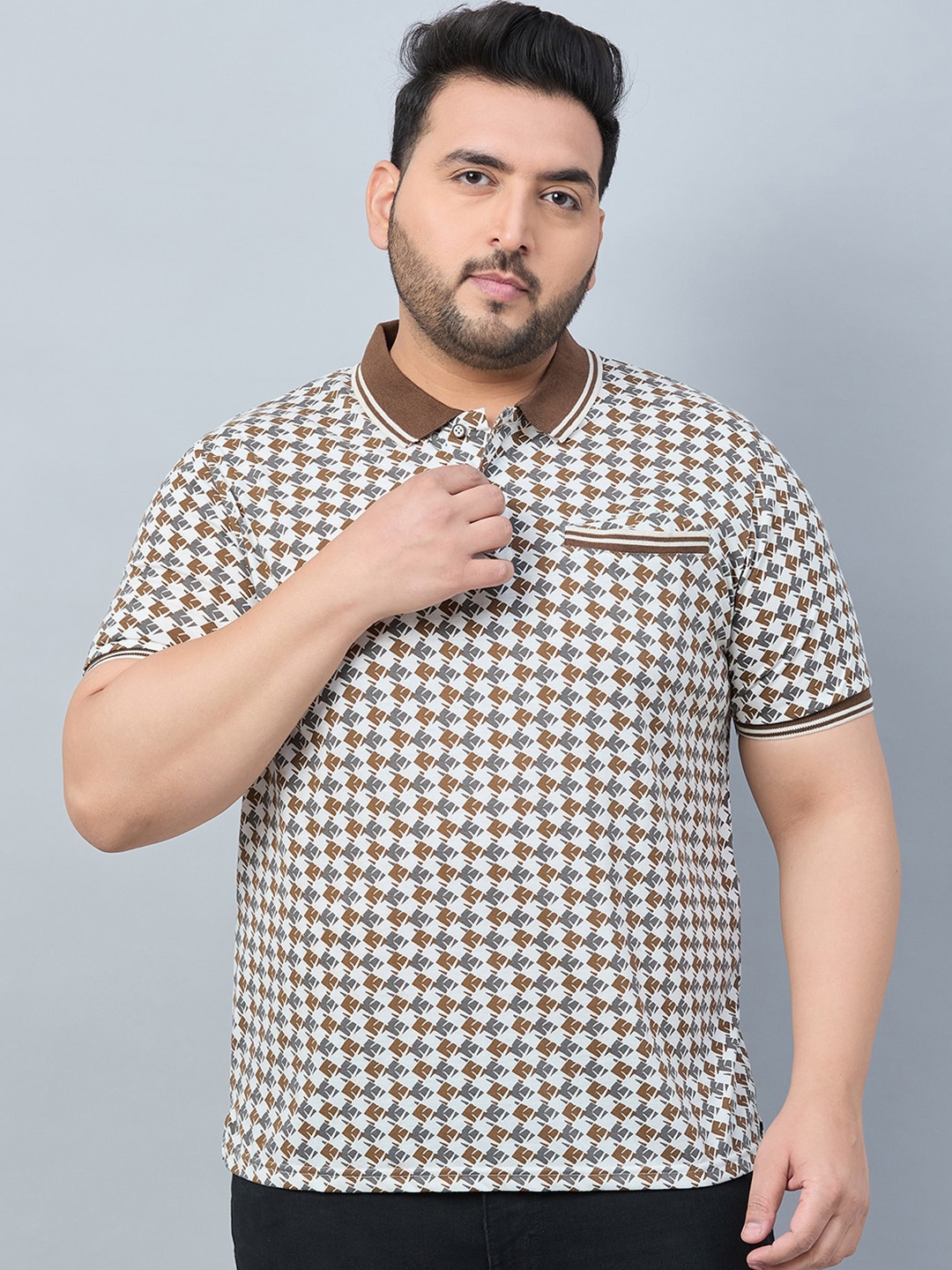 

AUSTIVO Plus Size Printed Polo Collar Pockets Cotton T-shirt, Cream