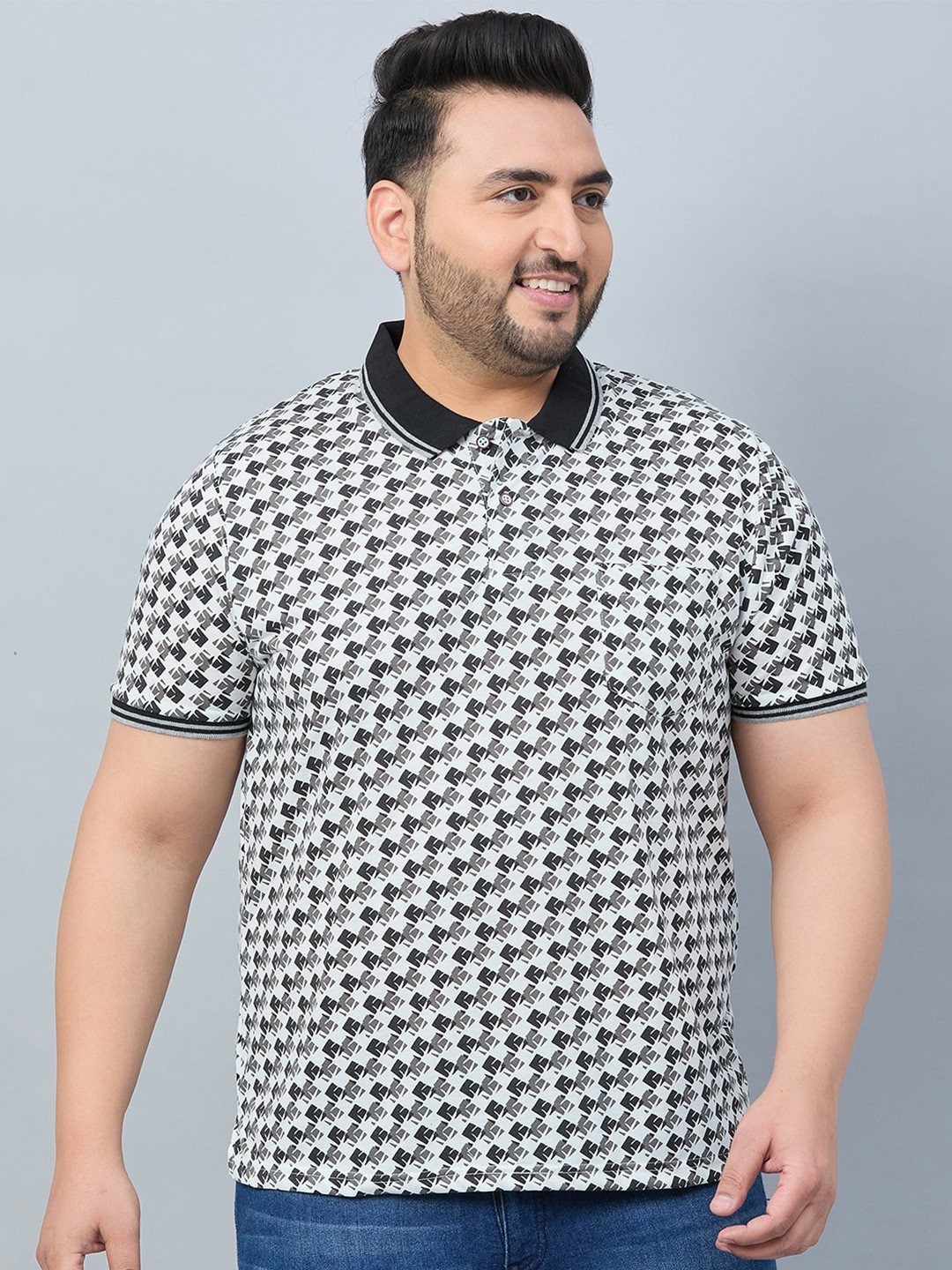 

AUSTIVO Plus Size Geometric Printed Polo Collar Pockets T-shirt, Blue