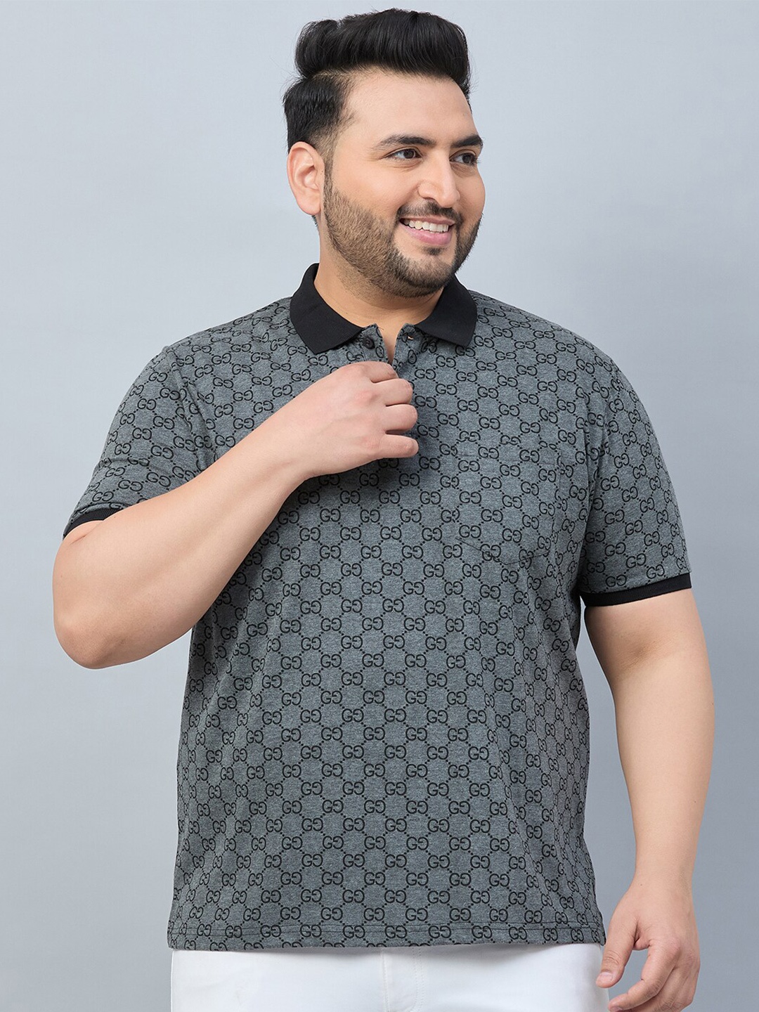 

AUSTIVO Plus Size Geometric Printed Polo Collar Pockets T-shirt, Grey