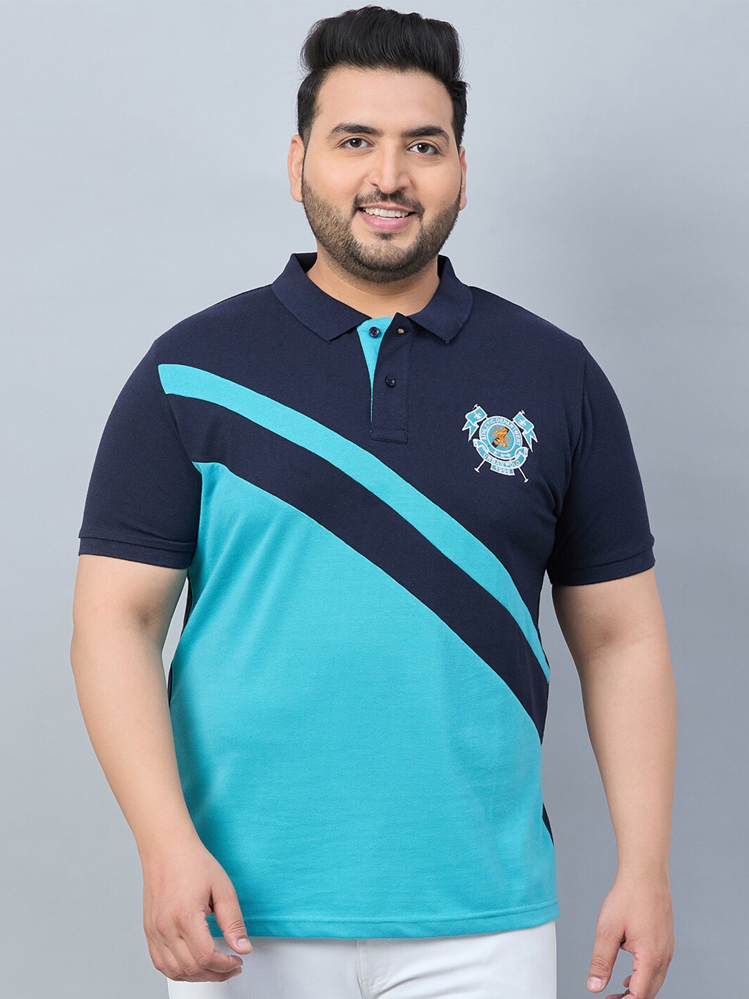 

AUSTIVO Plus Size Colourblocked Polo Collar T-shirt, Blue