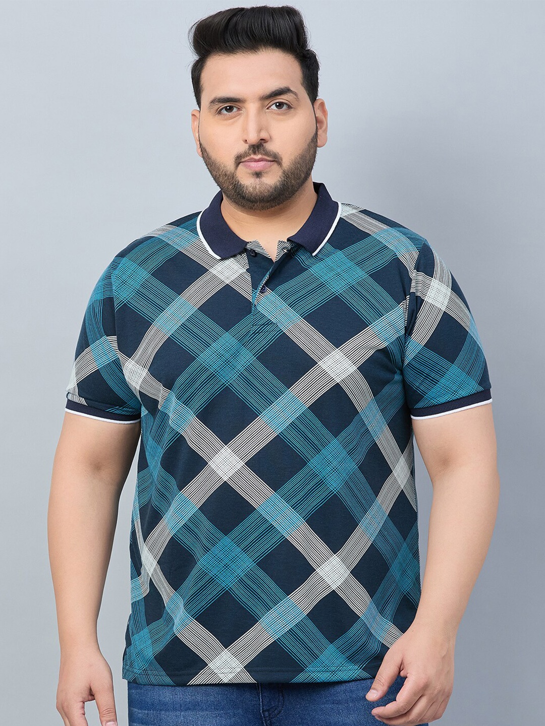 

AUSTIVO Plus Size Geometric Printed Polo Collar Pockets T-shirt, Green