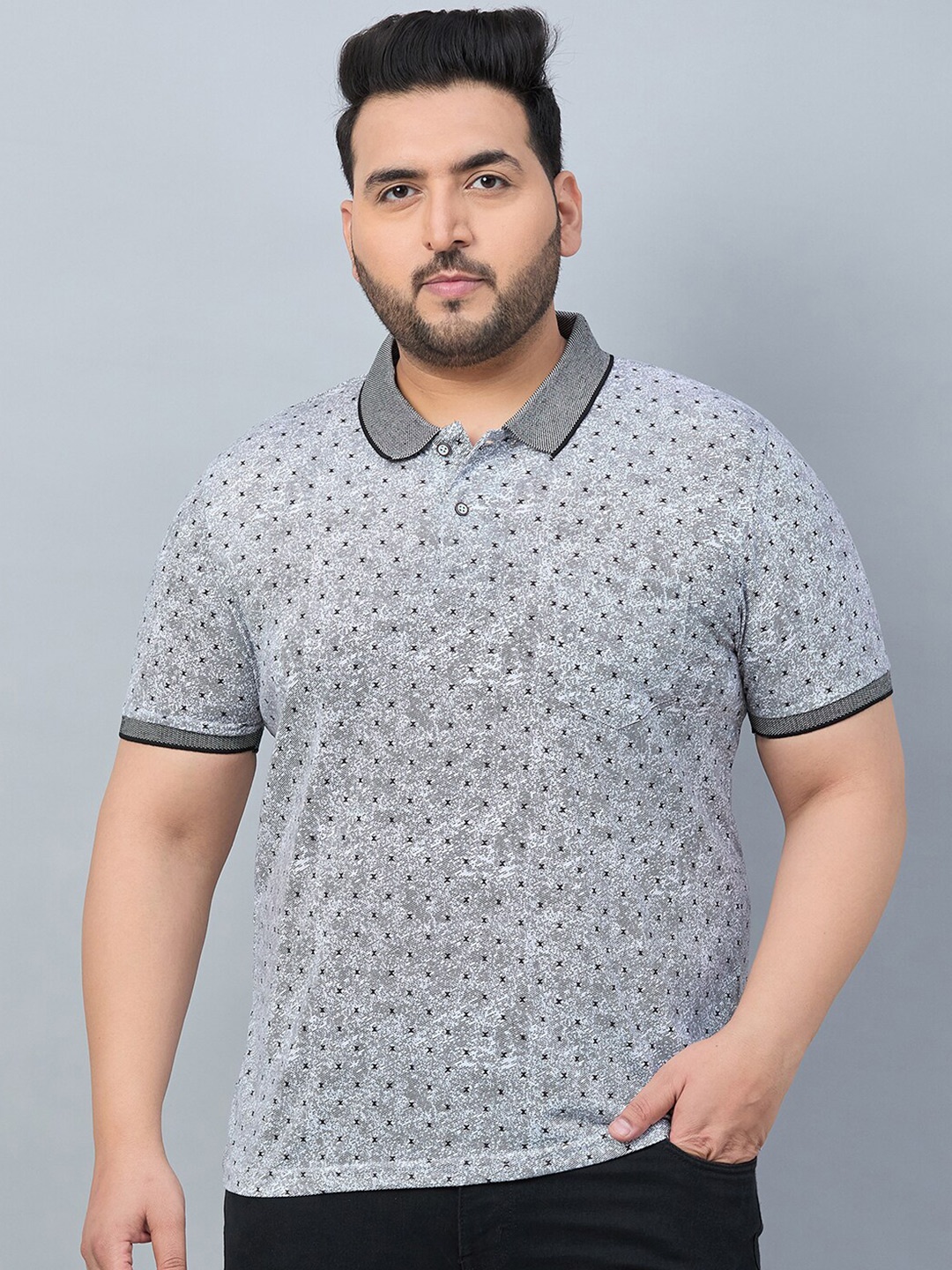 

AUSTIVO Plus Size Printed Polo Collar CottonT-shirt, Grey