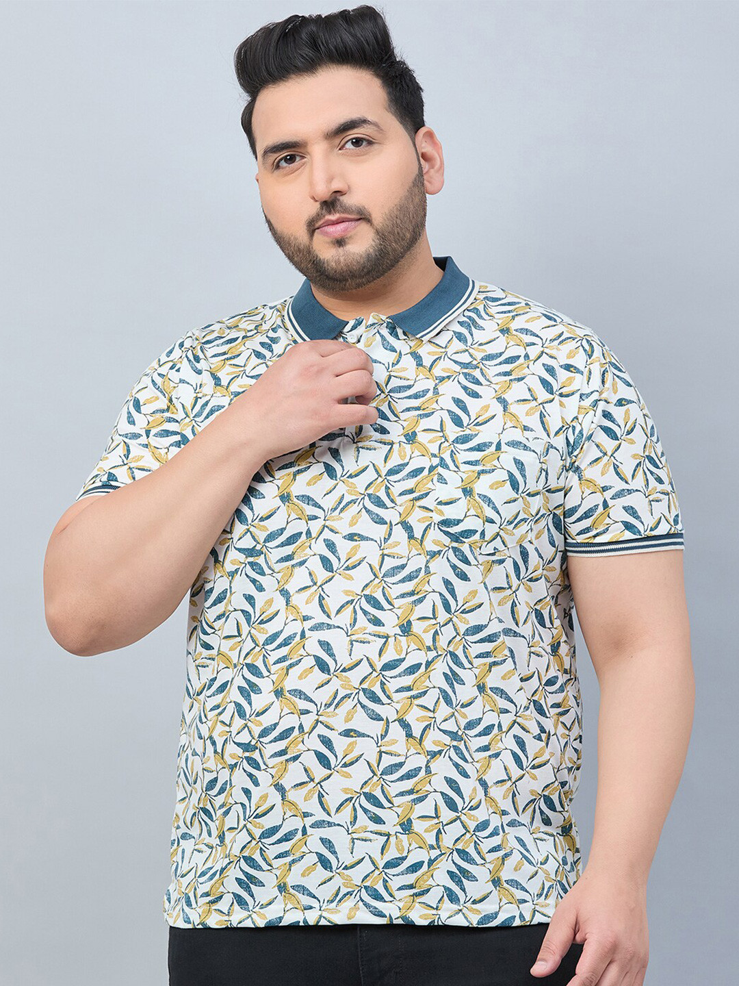 

AUSTIVO Plus Size Floral Printed Polo Collar Pockets T-shirt, Blue