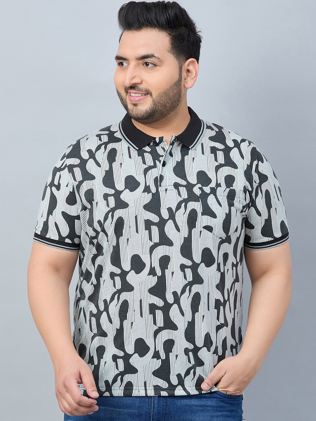 

AUSTIVO Plus Size Typography Printed Polo Collar Cotton T-shirt, Multi