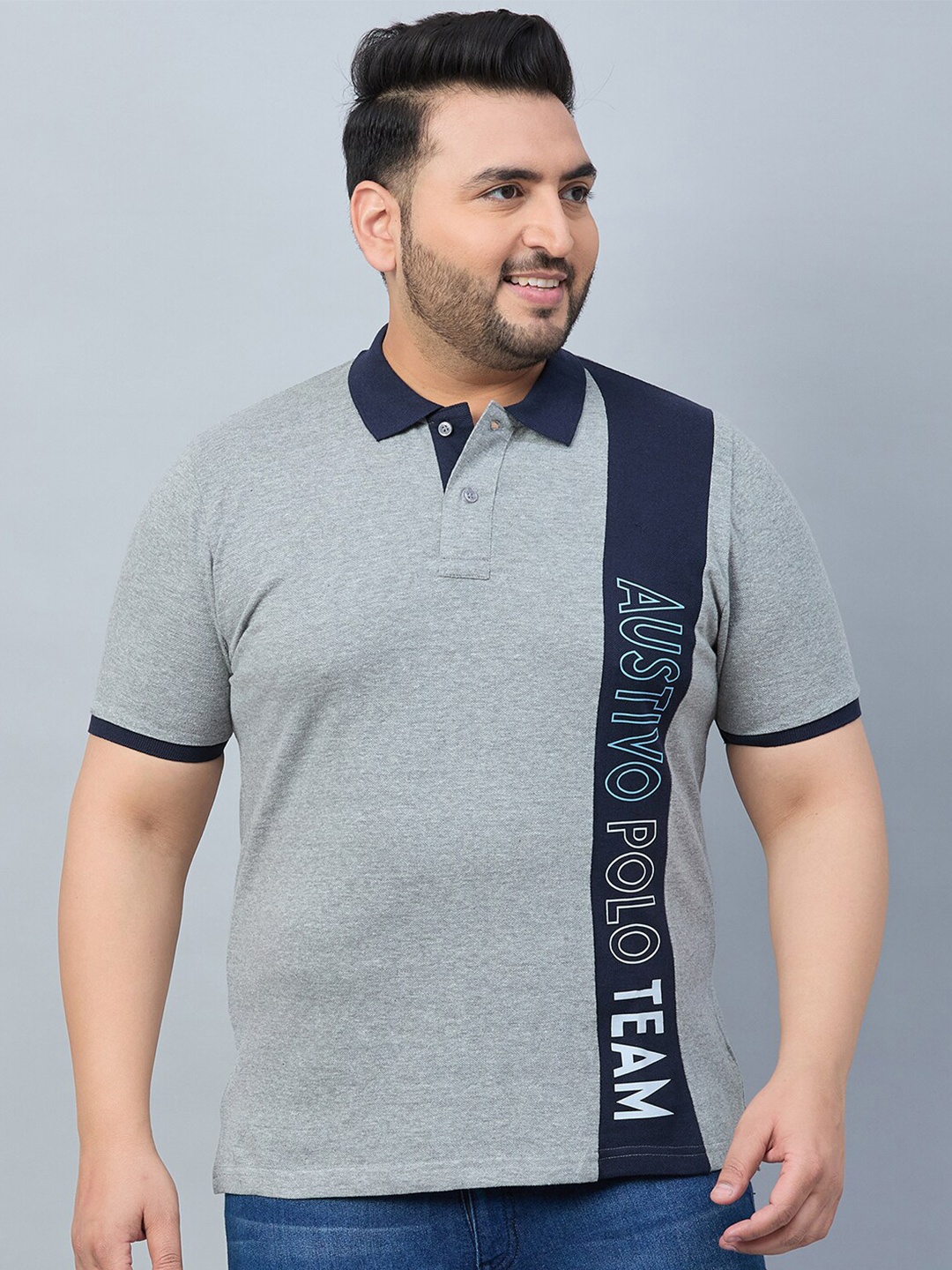 

AUSTIVO Plus Size Typography Printed Polo Collar T-shirt, Grey