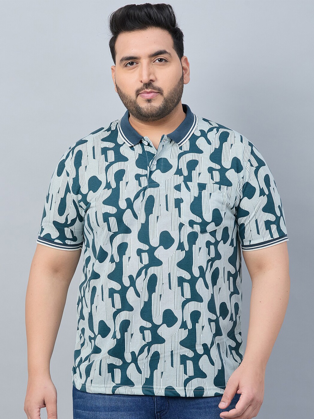 

AUSTIVO Plus Size Abstract Printed Polo Collar Tropical Pockets T-shirt, Green