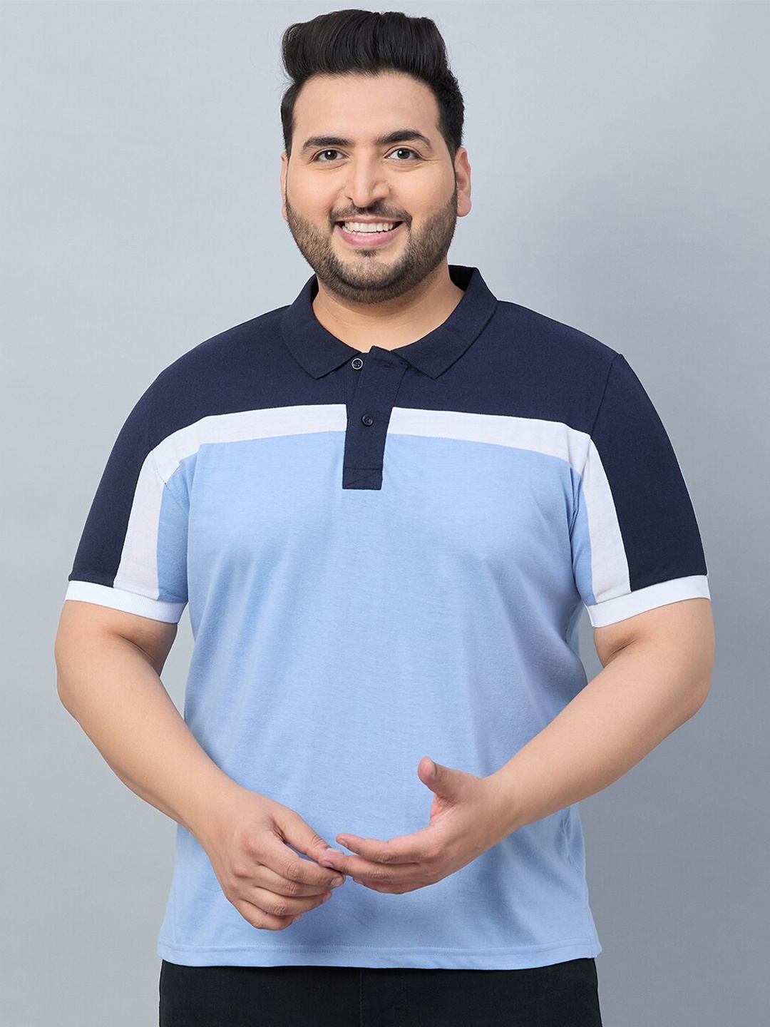 

AUSTIVO Plus Size Colourblocked Polo Collar T-shirt, Navy blue