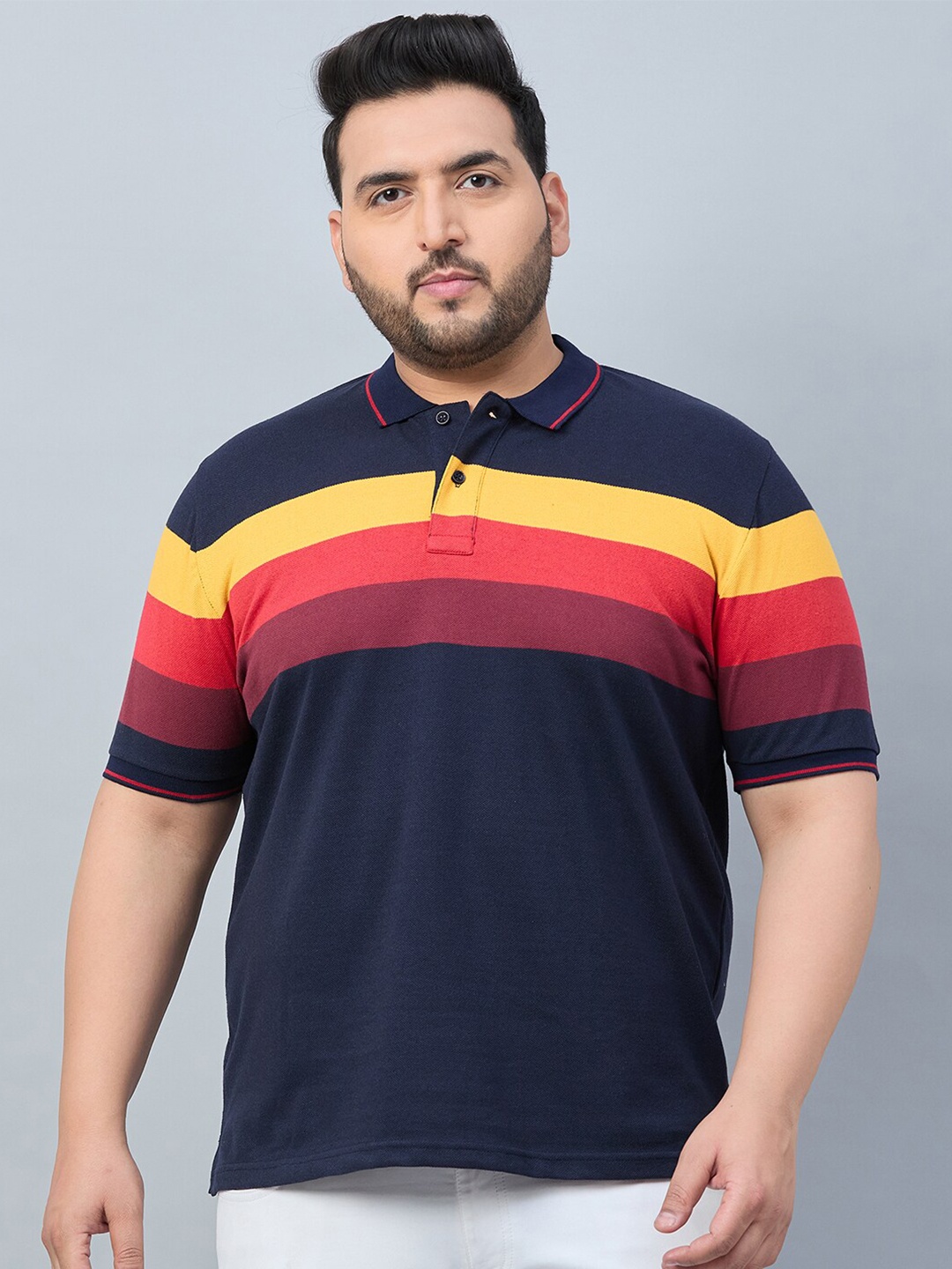 

AUSTIVO Plus Size Striped Polo Collar Applique T-shirt, Navy blue