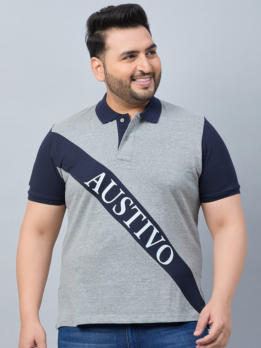 

AUSTIVO Plus Size Colourblocked Polo Collar T-shirt, Blue