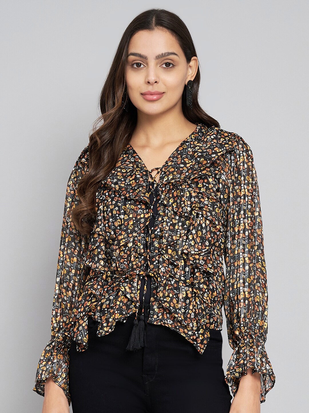 

Amagyaa Women Printed Tie-Up Shrug, Black