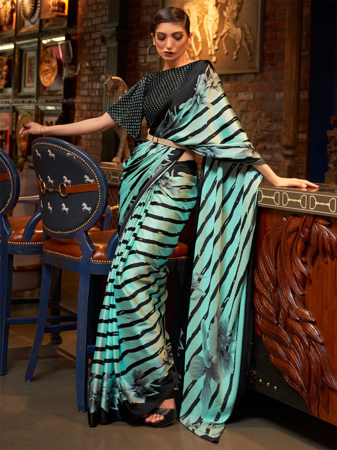 

MySilkLove Striped Satin Saree, Green