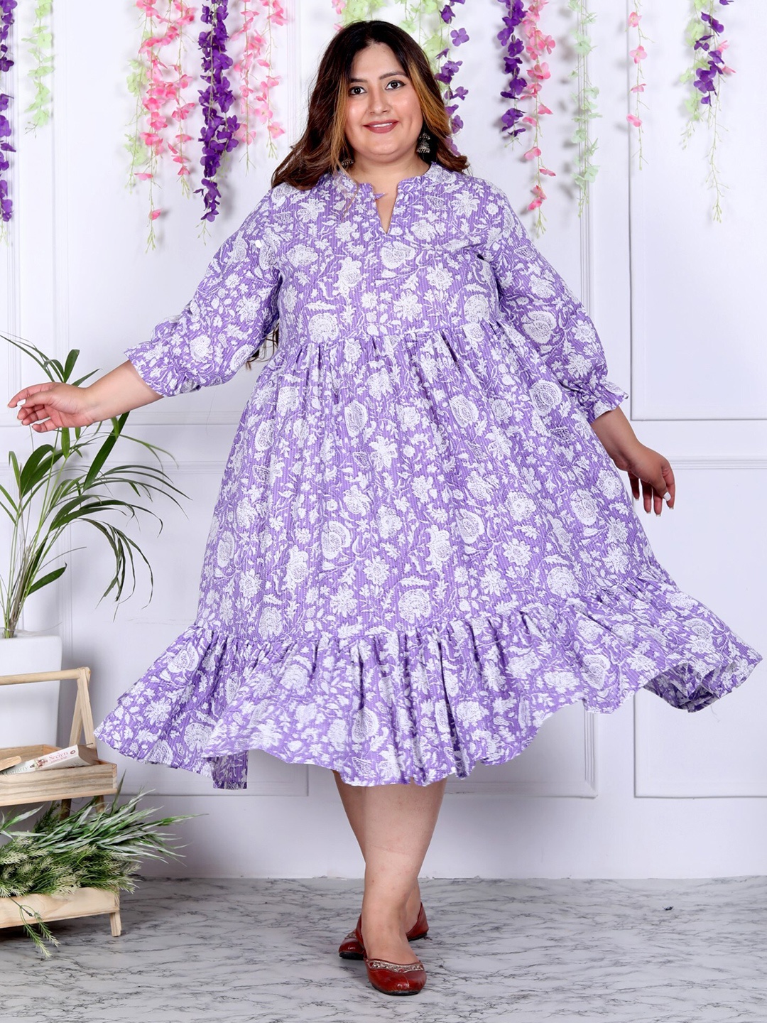 

Swasti Plus Size Floral Printed Cotton A-Line Midi Dress, Purple