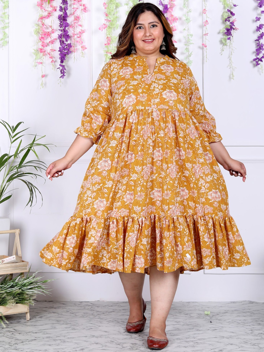 

Swasti Plus Size Floral Printed Mandarin Collar Fit & Flare Midi Dress, Yellow