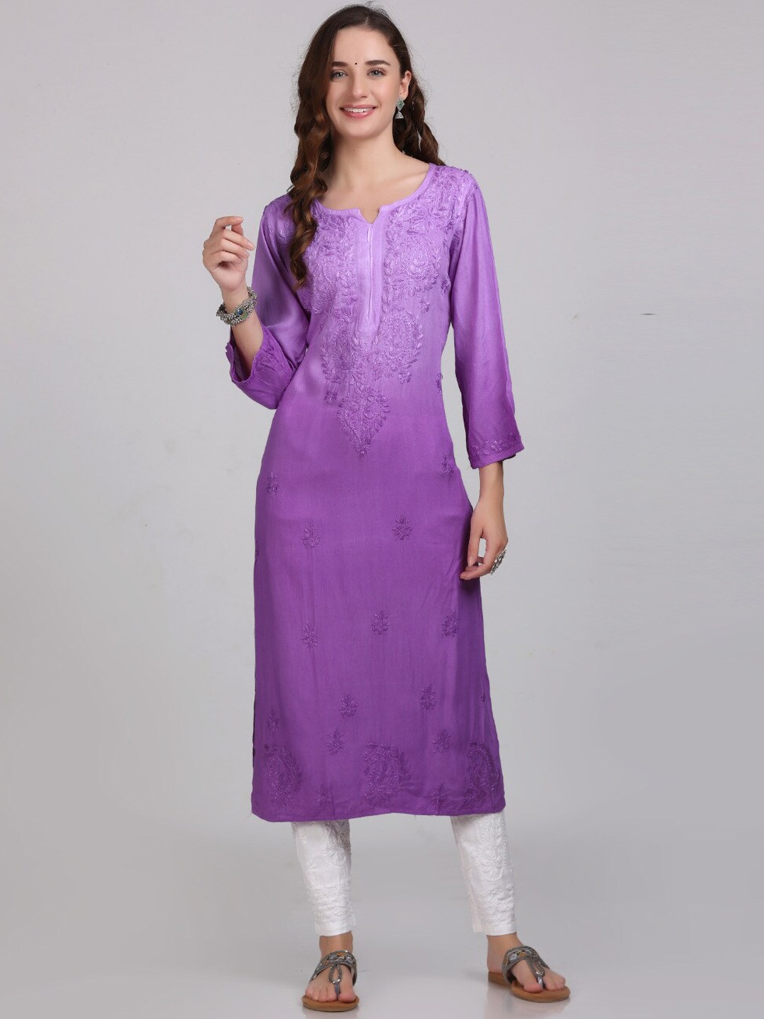 

KHAKA Floral Embroidered Straight Kurta, Lavender
