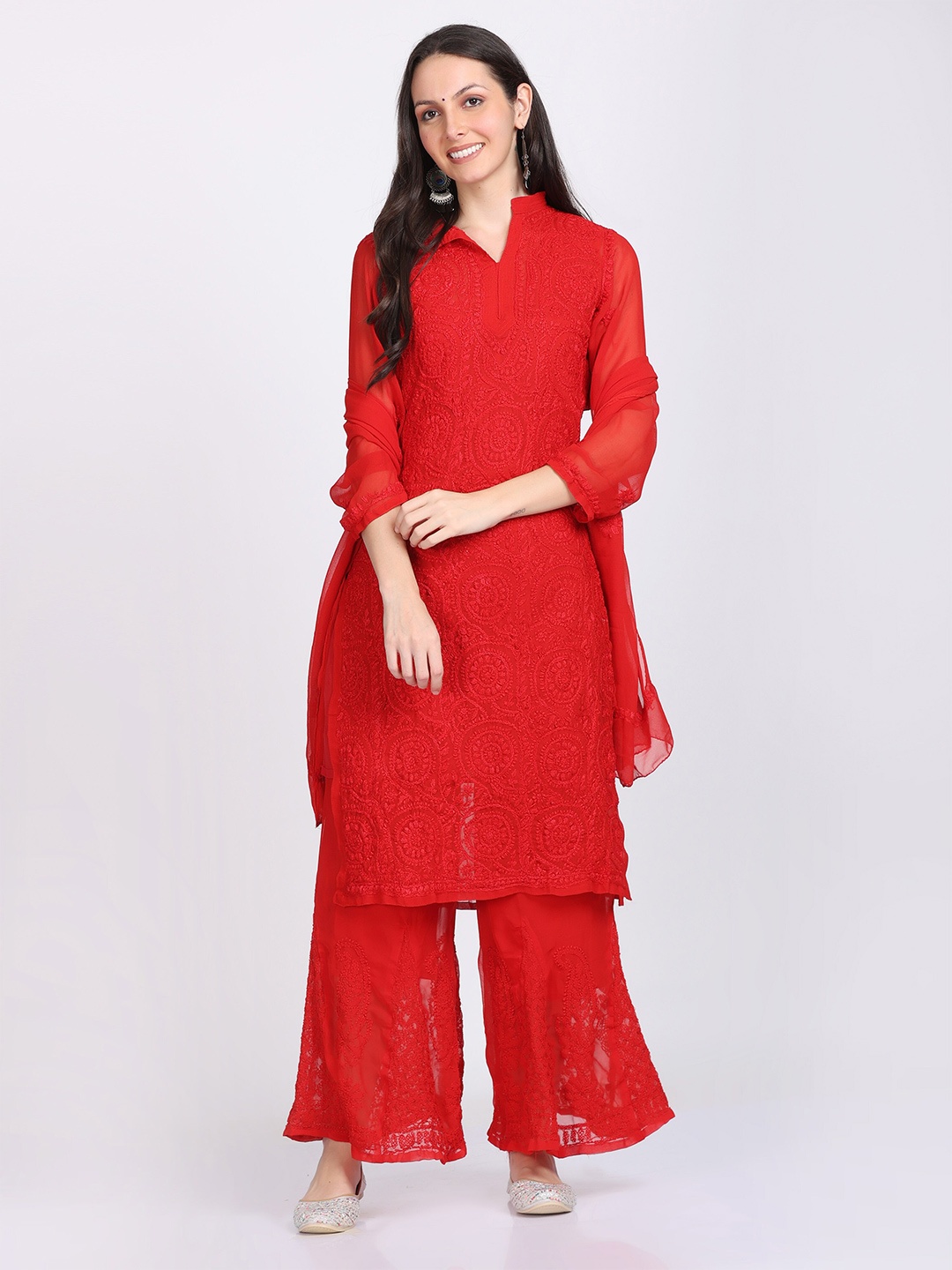 

KHAKA Mandarin Collar Ethnic Motifs Embroidered Chikankari Straight Kurta, Red