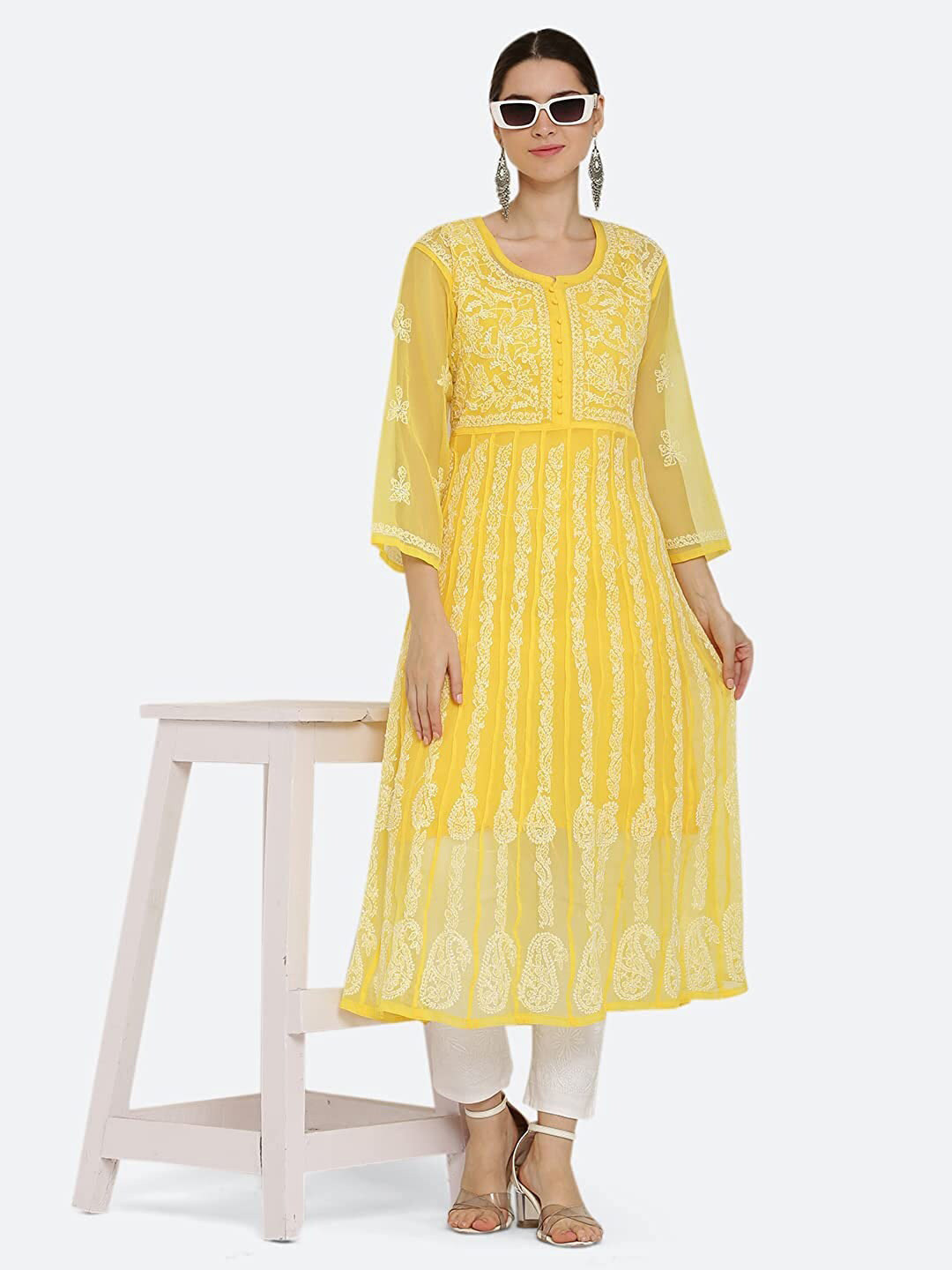 

KHAKA Ethnic Motifs Embroidered Georgette Chikankari Anarkali Kurta, Yellow