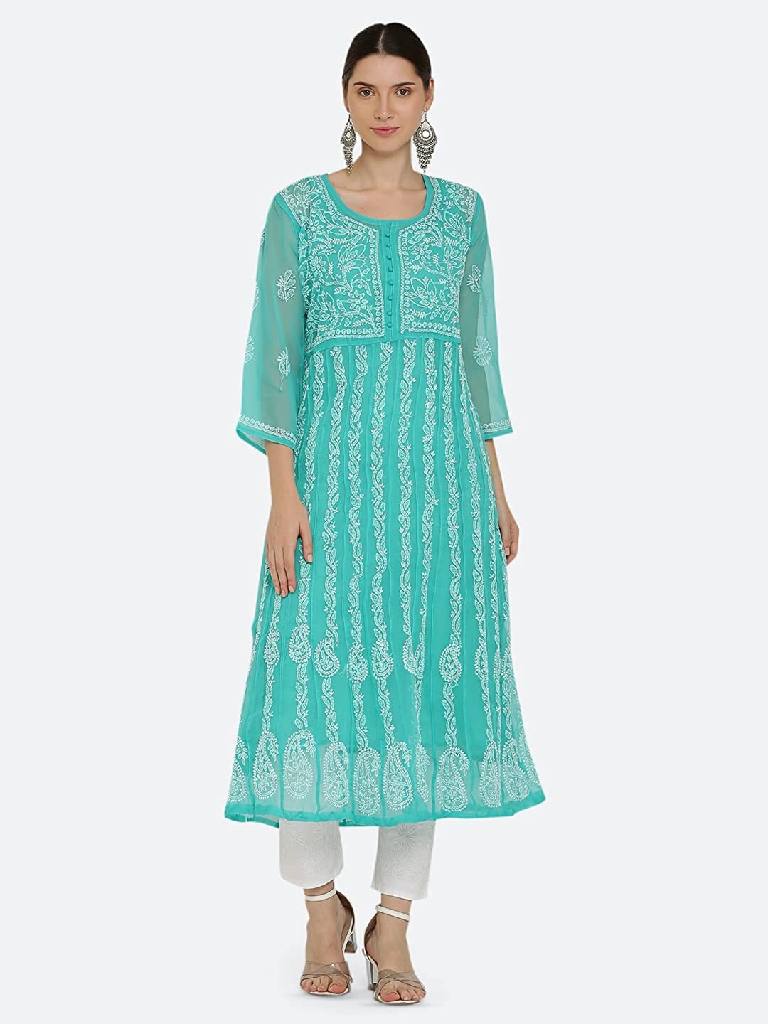 

KHAKA Round Neck Ethnic Motifs Embroidered Chikankari Floral Anarkali Kurta, Turquoise blue