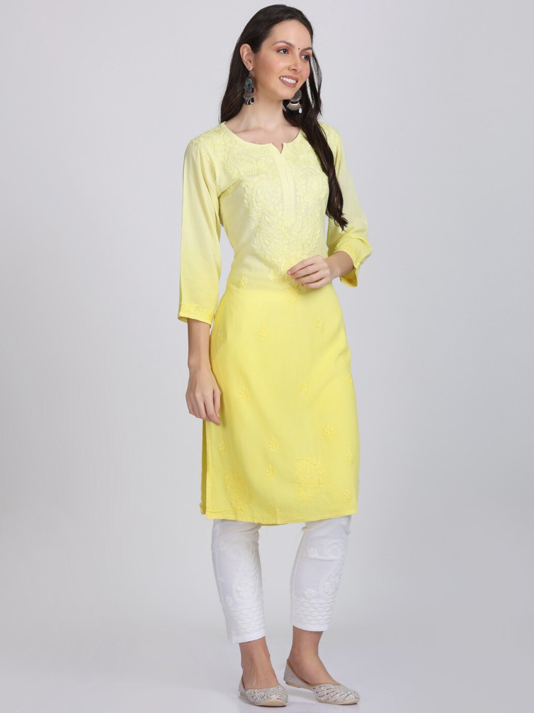 

KHAKA Notched Neck Paisley Embroidered Chikankari Straight Kurta, Yellow