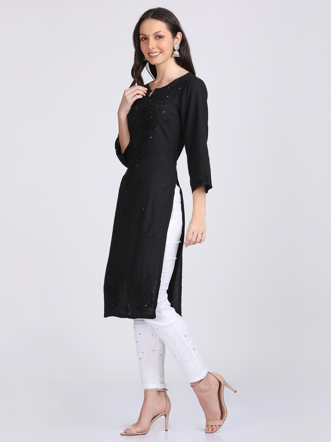 

KHAKA Ethnic Motifs Embroidered Sequins Notch Neck Straight Kurta, Black